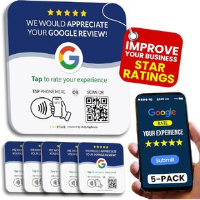 Tap Google Review Plate (5-Pack) by TapFive - Tap for Instant Reviews - All Phones Compatible - Reusable Smart Tap NFC & QR - 4"x 4" - DigiFeel & Zappy Fast - Mount Anywhere 3M Adhesive (5 Plates)