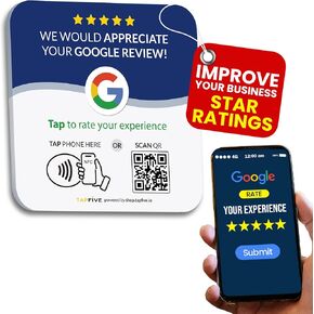 Tap Google Review Plate (5-Pack) by TapFive - Tap for Instant Reviews - All Phones Compatible - Reusable Smart Tap NFC & QR - 4"x 4" - DigiFeel & Zappy Fast - Mount Anywhere 3M Adhesive (5 Plates)
