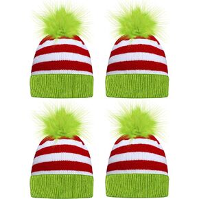 4 Pack Christmas Green Beanie Hat with Pompom Knit Winter Warm Hat Novelty Christmas elf Stocking Hat Holiday Skull Cap Headwear Cuff for Adults Women Men Christmas Accessories