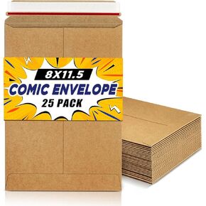 Comic Mailers Comic Book Ship Envelopes, Stay Flat Rigid Mailers 8x11.5 with Self Adhesive Seal, 450 gsm Sturdy Cardboard Envelopes for Shipping Comic Books-25 Pack