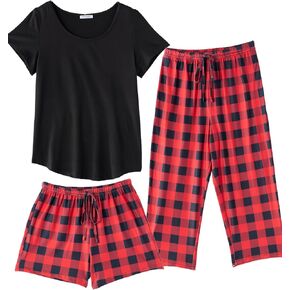 Ekouaer 3 PCS Capri Pajamas for Women Set Short Sleeve Pj Sets Print Floral Tops and Shorts Sleepwear Plus Size Lounge Set