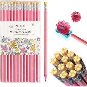 Premium Pretty Cute Pink Pencils #2 - Flower Shavings, Funny, Happy - Girl Pencils, Kids Birthday Pencil - Wedding Pencils with Erasers, Unsharpened, Triangle Pencil 12 Pack School Supplies