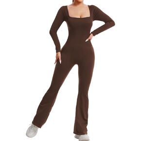 Jumpsuits for Women Long Sleeve Square Neck Wide Leg Full Length One Piece Romper Playsuit Workout Bodysuit