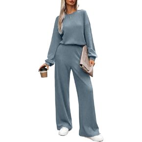 Happy Sailed Jumpsuits for Women Casual Loose Solid Ribbed Crewneck Long Sleeve Long Romper with Pockets