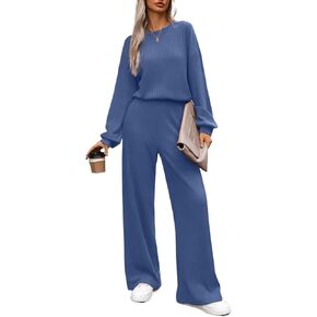 Happy Sailed Jumpsuits for Women Casual Loose Solid Ribbed Crewneck Long Sleeve Long Romper with Pockets