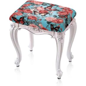 Artistic Floral Print Removable Saddle Stool Slipcovers for Classroom Anti-dust Chairs Cushion Protector for Working Desk Non-Slip Foot Stool Covers Set of 2