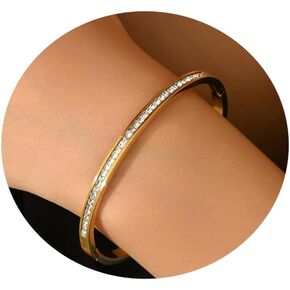 Gold Bangle Bracelets for Women, 18K Gold Plated Stainless Steel Cubic Zirconia Bangle Classic Green Black Tennis Bracelet Jewelry