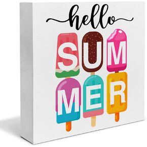 Colorful Flip Flop Wood Box Sign Desk Decor Hello Summer Wood Block Sign Decor for Home Beach Party Shelf Wall