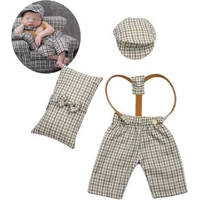 Zeroest Newborn Boy Photography Props Romper Baby Photoshot Plaid Overalls Bowtie Flat Cap Newsboy Photo Outfits 4 PCS