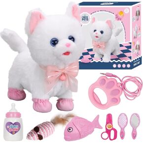Plush Interactive Toy Cat Set for Kids - Electronic Walking Remote Control Cat Pet with Leash, Accessories and Pretend Play Groom Feed Care Set, Birthday Gift for Toddlers Boys Girls Ages 3 4 5 6