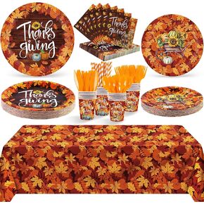 Ruisita 194 Pieces Fall Party Dinnerware Set Thanksgiving Maple Leaves Dinnerware Set Include Paper Plates Cups Cutlery Napkins Tablecloth for Fall Autumn Harvest Party Supplies,Serves 24 Guests