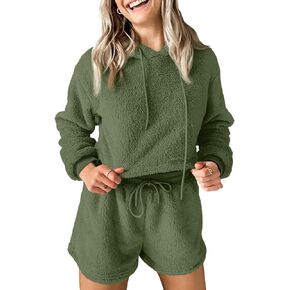 Fazortev Women Fuzzy Pajama Sets Fluffy 2 Piece Outfits Cropped Hoodie High Waist Drawstring Shorts Lounge Sets