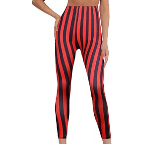 Hillban Women's Black and Red Striped Leggings, Halloween High Waist Striped Tights, Fun Yoga Pants for Women