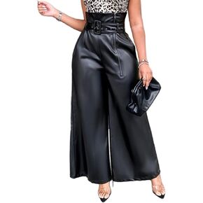 Sexyshine Women's PU Faux Leather High Waisted Side Zipper Loose Wide Leg Vintage Leather Pants with Belt Chic Clubwear