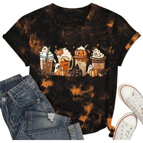 Pumpkin Coffee Shirt Women Funny Halloween Graphic Tee Shirt Coffee Lover Shirts Gifts Thanksgiving Pumpkin Spice Tops