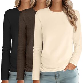 Ficerd 3 Packs Women's Long Sleeve Shirts Crew Neck Shirts 2024 Fall Tops Basic Tee Casual Loose Fit Clothes Outfits Blouse