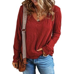 EVALESS Womens Casual V Neck Tops Fall 2024 Long Sleeve Shirts Basic T Shirts Lightweight Loose T-Shirts Cotton Tee Clothes