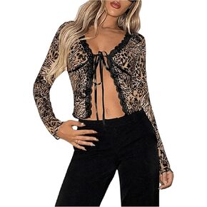 SHENHE Women's Sexy Leopard Lace Open Front Crop Top Tie Front Slim Fitted Long Sleeve T Shirt
