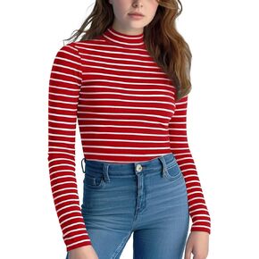 Zengjo Striped Turtleneck Women Long Sleeve Shirt - Fitted Ribbed Mock Neck Basic Layering Undershirt