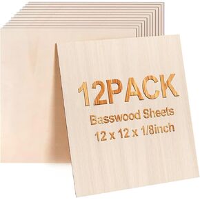 Basswood Sheets 12"x12"x1/8" 3mm 12 Packs Basswood Plywood Board Unfinished Wood Craft Wood for Wood Burning DIY Ornaments Models Drawing Painting Engraving Architectural Models Making