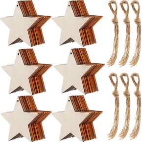 Tatuo 60 Pieces Christmas Natural Wooden Star Cutouts Shape Wooden Star Embellishments and 60 Pieces Natural Twine for Home Party Decoration