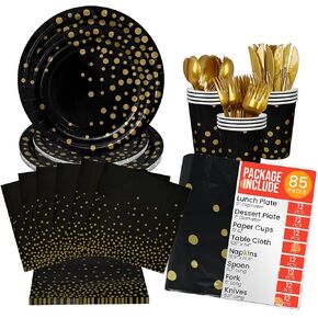 Jubi Happy New Year Paper Dinnerware Set for 30 - Black and Gold Party Supplies, Gold Party Plates, New Year’s Eve Dinner, Happy New Year Decorations 2024