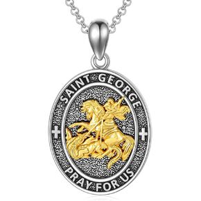 St. George Dragon Slayer Necklace 925 Sterling Silver Saint George Medal Pendant Necklace Christian Protection Necklace Amulet Necklace Religious Jewelry Gifts for Men