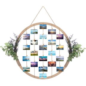 Large Round Wooden Multi Picture Frames - 60CM/23.62" Artificial Flower/Eucalyptus Hanging Display Board Photo Frames Collage Wall Decor, for Spring Mother's Day Grandma Christmas