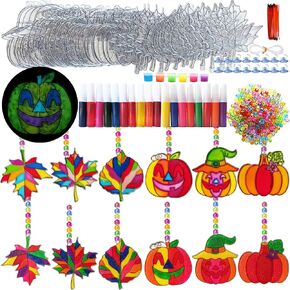 Ayhuhra 30 Sets Fall Leaf Pumpkin Acorn Suncatchers Keychains Craft Kits DIY Window Art Paint Kit Fall Arts and Crafts Maple Leaf Sun Catchers for Seniors Autumn Thanksgiving Art Project