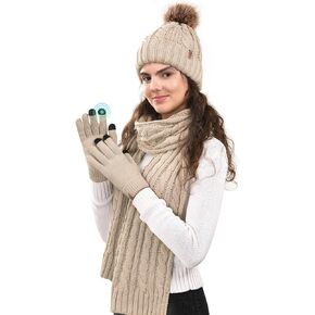 FURTALK Womens Winter Hat Scarf Gloves Set Fleece Lined Beanie with Pom Long Scarf Touchscreen Gloves