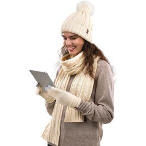 FURTALK Womens Winter Hat Scarf Gloves Set Fleece Lined Beanie with Pom Long Scarf Touchscreen Gloves