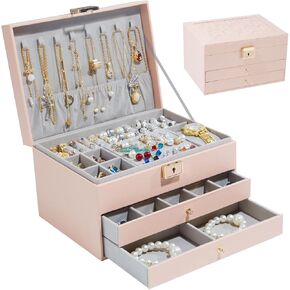 3 Layer PU Leather Soft Lining Jewelry Box, Large Organizer for Women Girls (Pink)