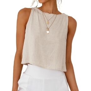 IDEALSANXUN Womens Linen Crop Tank Tops Cute Summer Sleeveless Cropped Cotton Linen Tops
