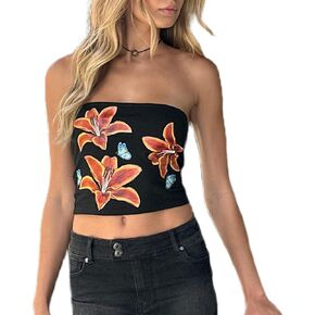 Women Floral Print Tube Top Y2k Aesthetic Backless Bandeau Top Slim Fit Crop Tank Cute Summer Going Out Tops