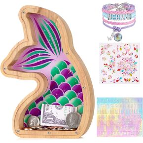 WERNNSAI Wooden Piggy Bank for Kids Unbreakable Mermaid Coin Money Bank with DIY Alphabet Stickers Mermaid Bracelet and Flower Stickers for Girls Children's Personalized Birthday Gift