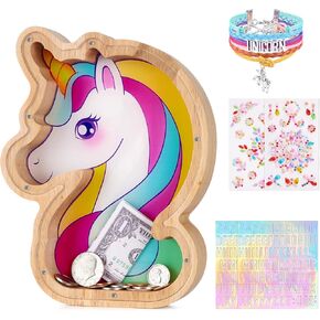 WERNNSAI Wooden Piggy Bank for Kids Unbreakable Mermaid Coin Money Bank with DIY Alphabet Stickers Mermaid Bracelet and Flower Stickers for Girls Children's Personalized Birthday Gift