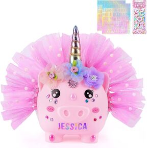 Piggy Bank Girls with Skirt, Unicorn Piggy Banks for Kids Unbreakable Coin Bank Money Saving Box Personalized Piggy Bank with Diamond Letter Stickers