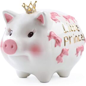 Ceramic Piggy Bank，Coin Bank ，Crown Princess Money Box for Girl (Pink 8.3" L)