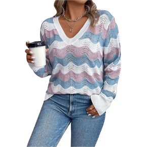 MakeMeChic Women's Plus Size Chevron Pattern Long Sleeve Sweater V Neck Casual Lightweight Fall Tops
