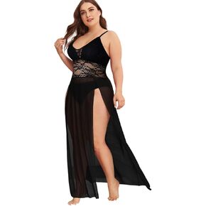 SOLY HUX Women's Plus Size Lingerie Lace Split Mesh Babydoll Lingerie Dress Long Chemise Pure Black 1XL