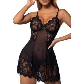 Women's Spaghetti Strap Lace Mesh Lingerie Dress Scallop Trim Babydoll Nightgown Slip Dress Chemise
