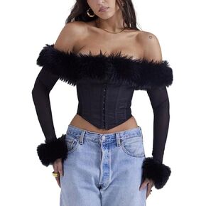 Evankin Women's Sexy Teddy Babydolls Lingerie Tops Plush Boat Neck Off Shoulder Tops Mesh Long Sleeve Irregular Top