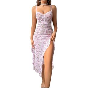 SHENHE Women's Floral Babydoll Lingerie Dress High Slit Ruffle Long Nightgown with Thong