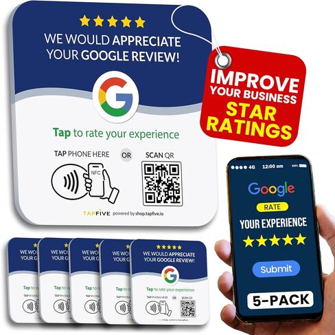لوحة مراجعة Google (10 عبوات) من TapFive - انقر للحصول على مراجعات فورية - NFC + علامة رمز الاستجابة السريعة - تلتصق بالجدار، الزجاج، العداد، نقطة البيع مع لاصق 3M - جميع الهواتف - DigiFeel Fast (10 لوحات) in Kuwait