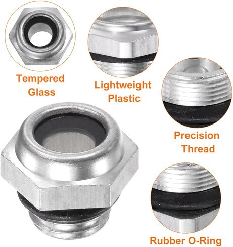 HARFINGTON 4pcs Air Compressor Oil Sight Glass 36 x 1.5mm Male Thread Liquid Level Gauge Aluminum Alloy Hex Head Oil Indicator Window with O-Ring for Air Compressor Gearbox Tanks, Silver in Kuwait