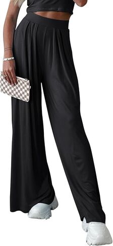 Womens Wide Leg Pants Casual Palazzo Flowy Pleated Trouser Woman Elastic High Waisted Loose Fit Lounge Pant Comfy 2024 in Saudi Arabia