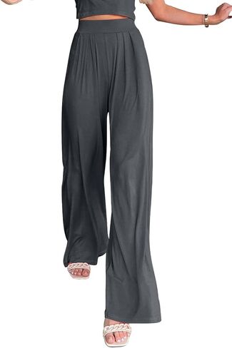Womens Wide Leg Pants Casual Palazzo Flowy Pleated Trouser Woman Elastic High Waisted Loose Fit Lounge Pant Comfy 2024 in Saudi Arabia