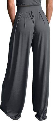 Womens Wide Leg Pants Casual Palazzo Flowy Pleated Trouser Woman Elastic High Waisted Loose Fit Lounge Pant Comfy 2024 in Saudi Arabia
