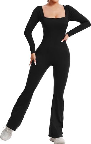 Jumpsuits for Women Long Sleeve Square Neck Wide Leg Full Length One Piece Romper Playsuit Workout Bodysuit in Saudi Arabia
