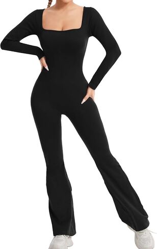 Jumpsuits for Women Long Sleeve Square Neck Wide Leg Full Length One Piece Romper Playsuit Workout Bodysuit in Saudi Arabia